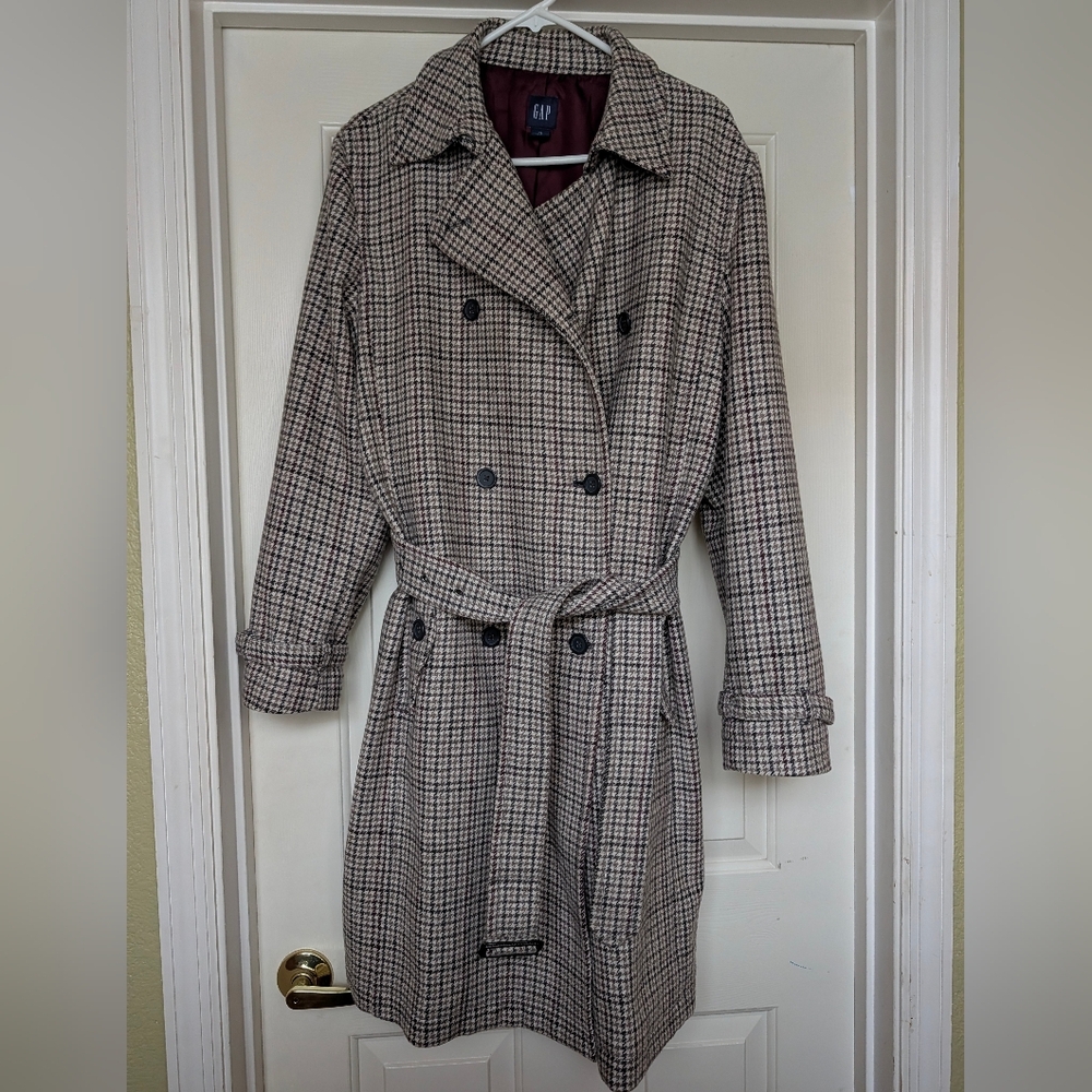 Vintage Y2K GAP Houndstooth Pattern Wool Belted Long Trench Double Breasted